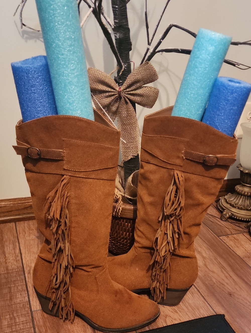 Qupid Tan Suede Fringe Knee High Chunky Heeled Boots